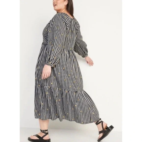 Old Navy Gingham Floral Embroidered Tiered Midi Dress Black White Yellow size XL - Picture 1 of 10